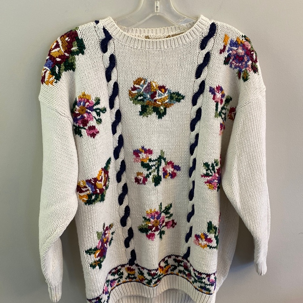 Vintage Chunky Thick Knit Floral Print Pullover Sweater SZ M Cottage Core